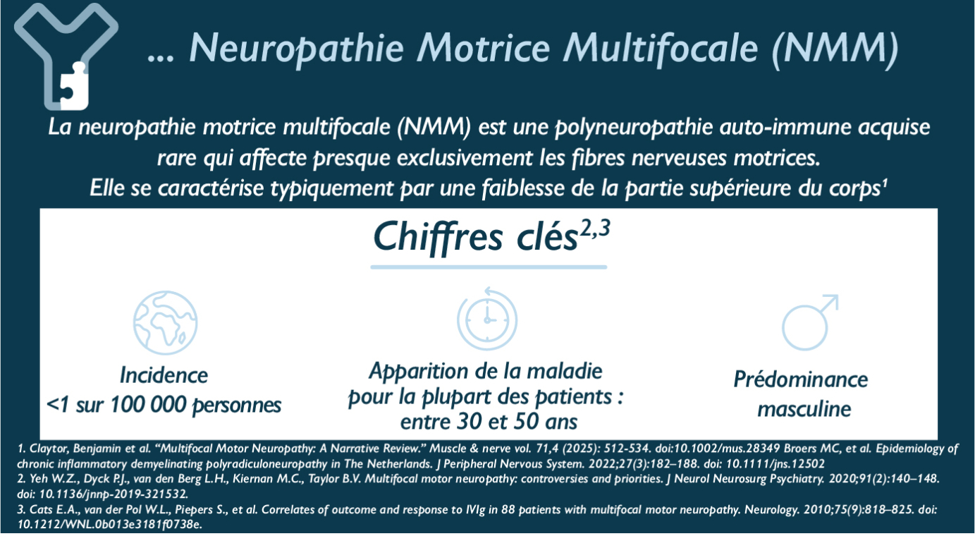 La neuropathie motrice multifocale (NMM) est une polyneuropathie auto-immune acquise rare qui affecte presque exclusivement les fibres nerveuses motrices. Elle se caractérise typiquement par une faiblesse de la partie supérieure du corps.